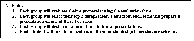 Text Box: Activities1.Each group will evaluate their 4 proposals using the evaluation form.2.Each group will select their top 2 design ideas. Pairs from each team will prepare a presentation on one of these two ideas.3.Each group will decide on a format for their oral presentations.4.Each student will turn in an evaluation form for the design ideas that are selected.