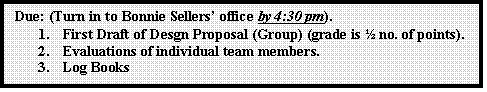 Text Box: Due: (Turn in to Bonnie Sellers’ office by 4:30 pm).1.First Draft of Desgn Proposal (Group) (grade is ½ no. of points).2.Evaluations of individual team members.3.Log Books
