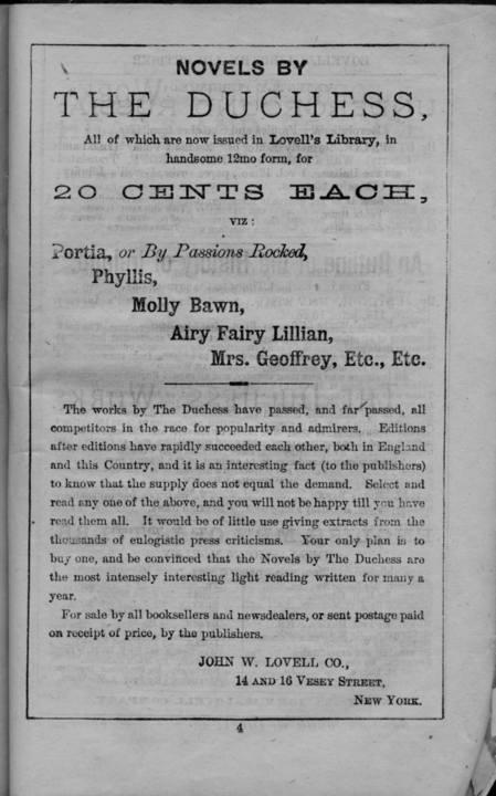 Advertisement included in the back of Faith and Unfaith by The Duchess.