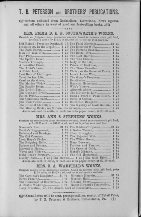 Page of advertisements at the back of Sarah A. Dorsey's Panola.
