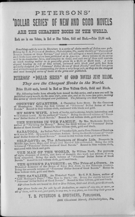 Page of advertisements at the back of Sarah A. Dorsey's Panola.