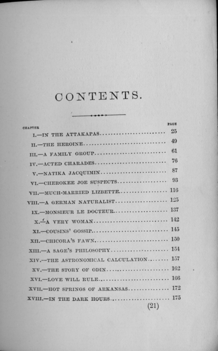 Page one of table of contents for Sarah A. Dorsey's Panola.