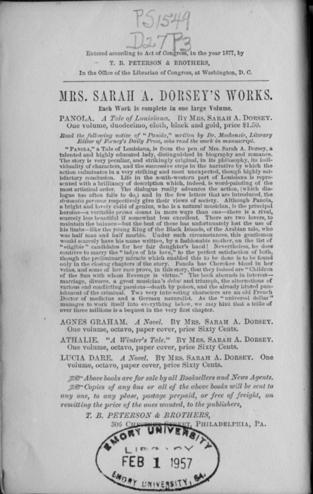 Copyright page of Sarah A. Dorsey's Panola.
