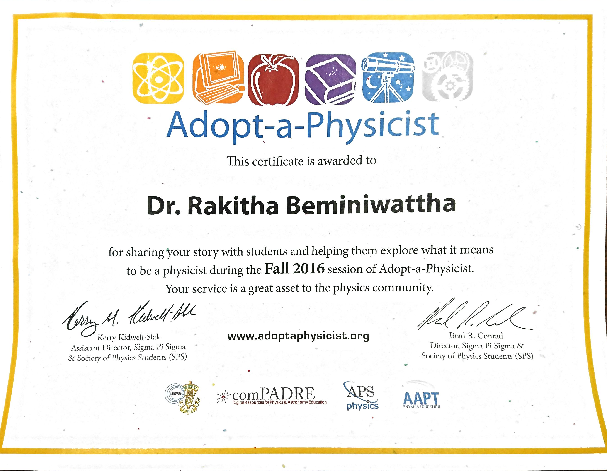 Rakitha S. Beminiwattha certificate of participation for Adopt-a-Physicist 2016