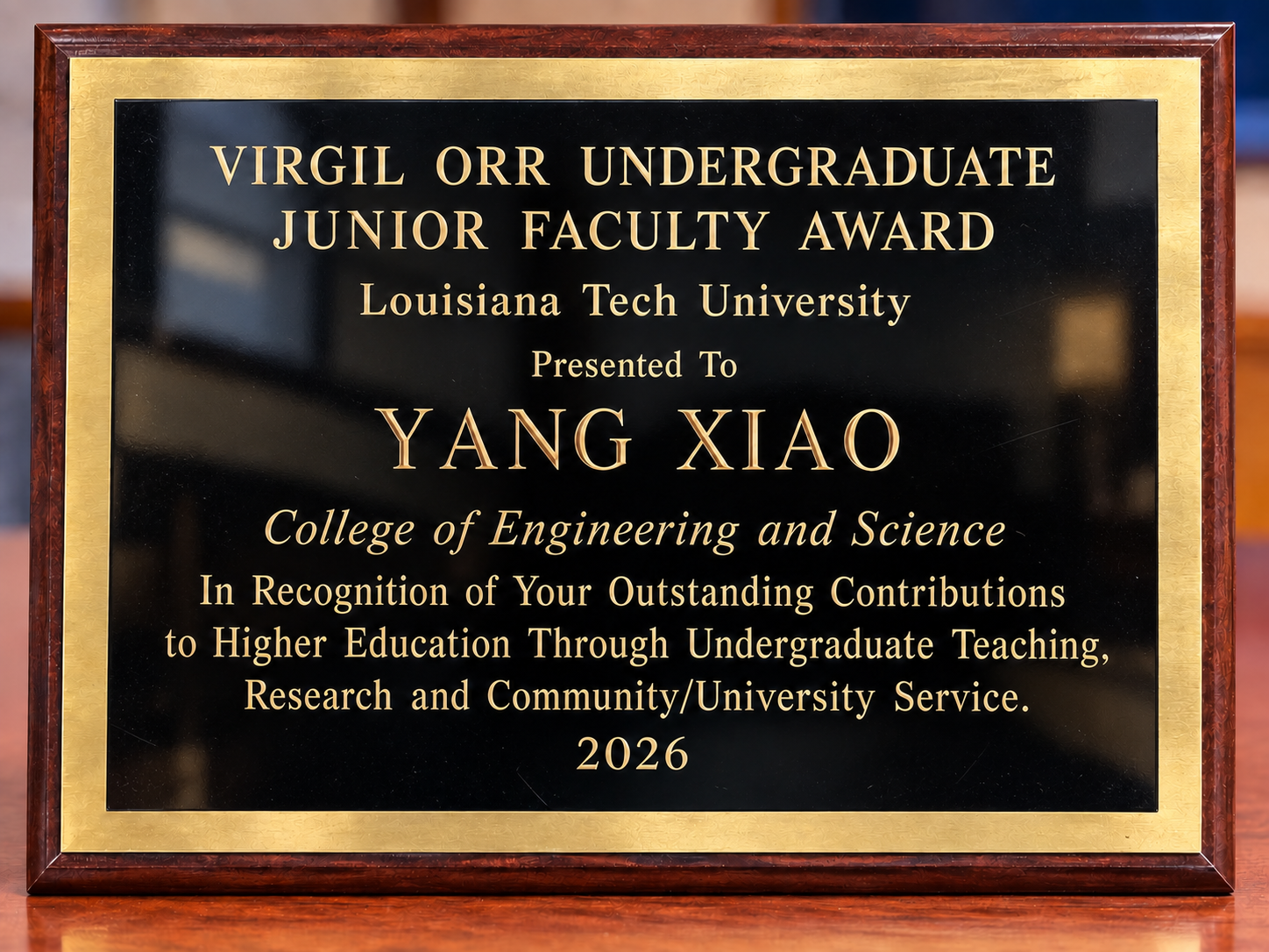 2026 Virgil Orr Undergraduate Junior Faculty Award presented to Dr. Yang Xiao