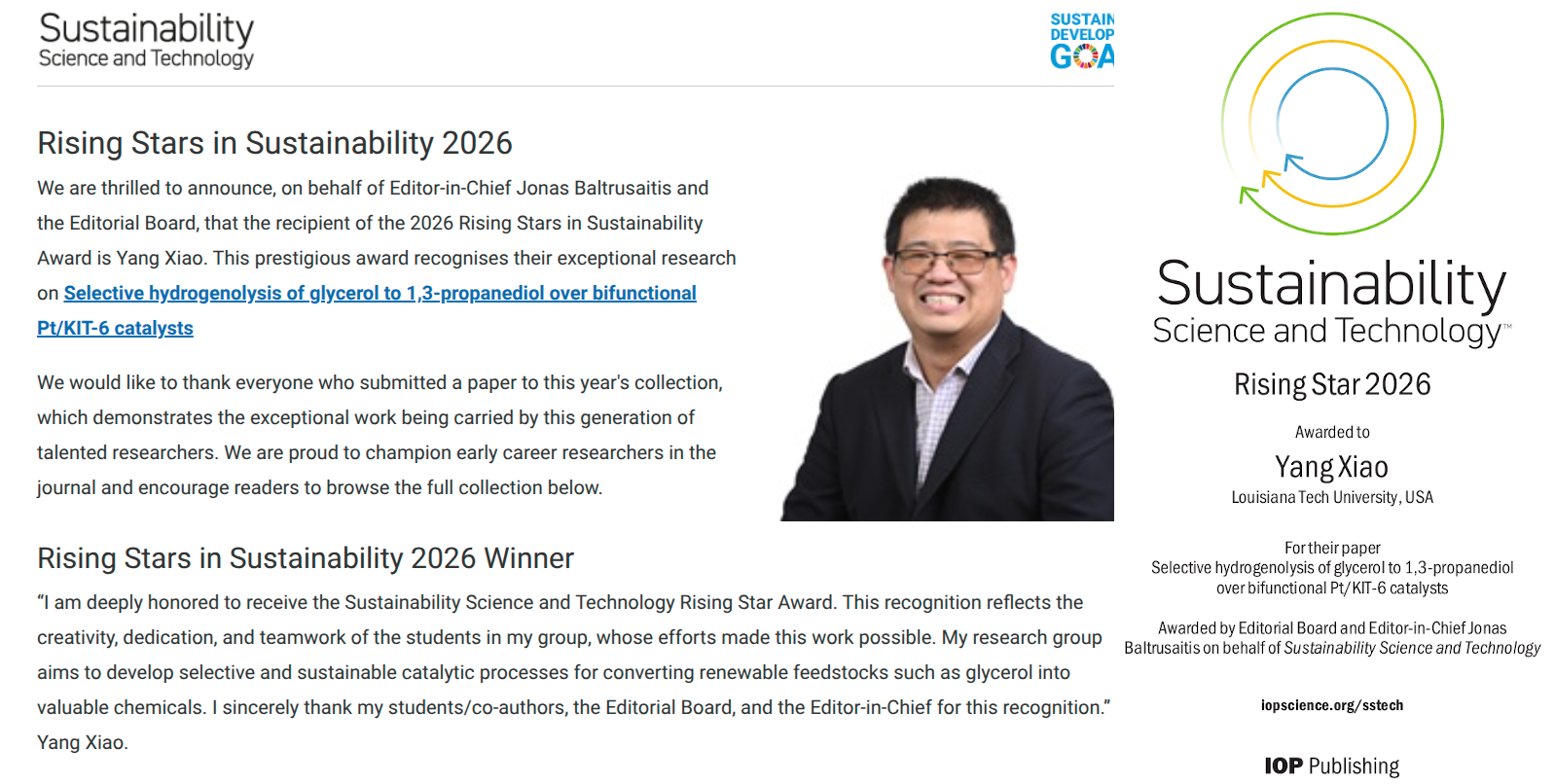 Dr. Yang Xiao receives the 2026 Rising Stars in Sustainability Award